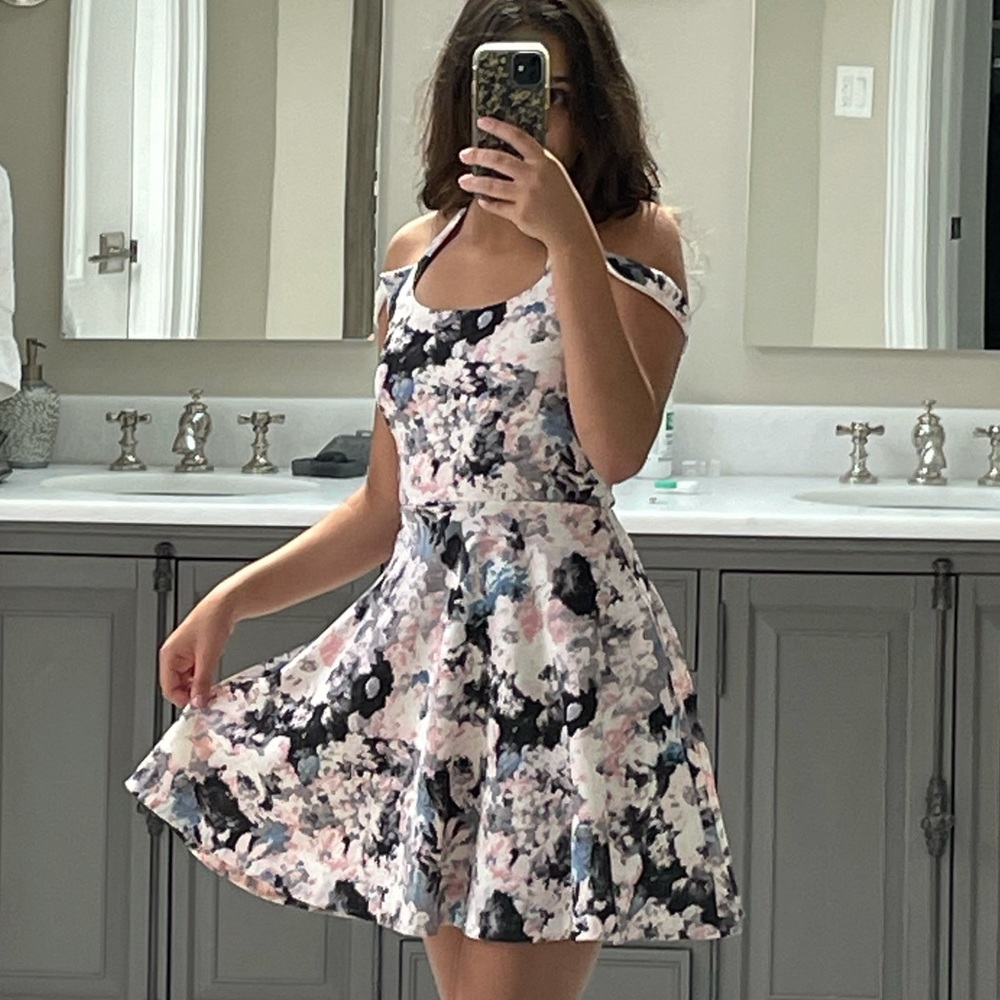 Abstract spring color print dress off the shoulder